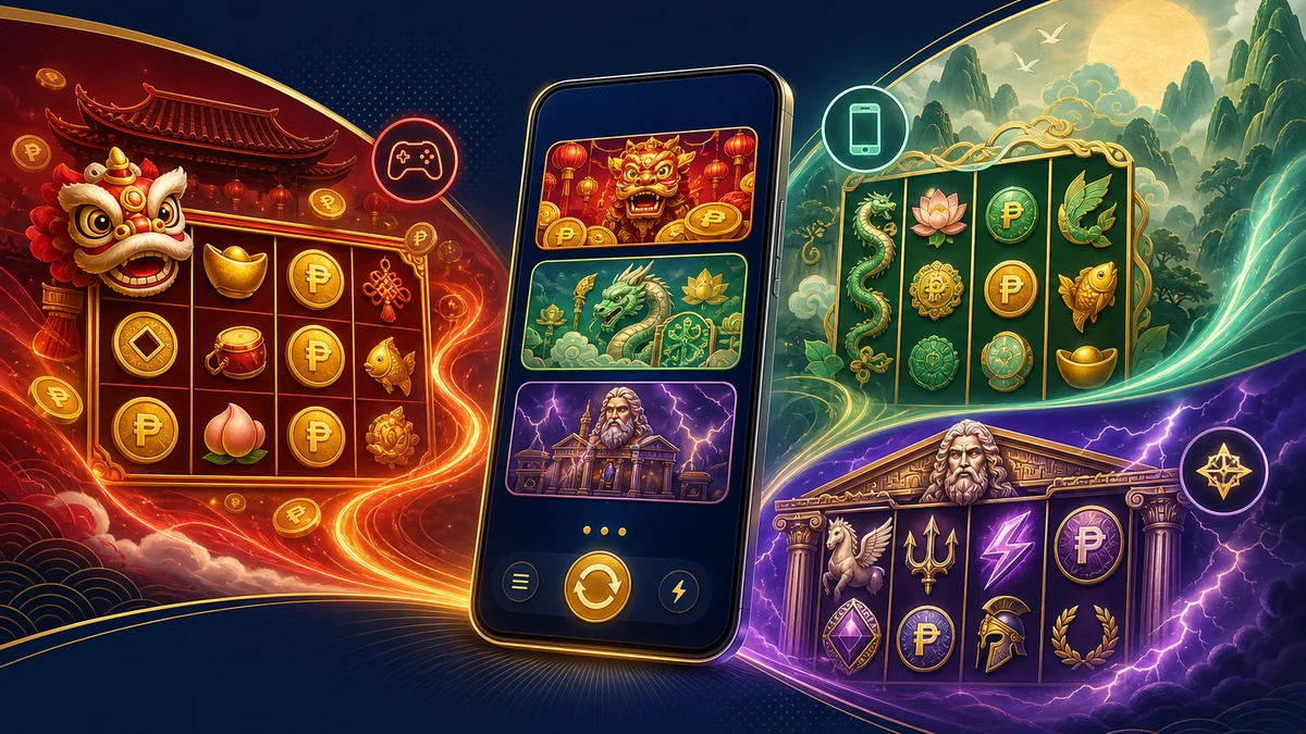 Three contrasting mobile slot styles arranged around a smartphone for a JILIPark provider comparison